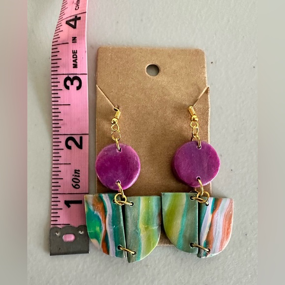 Handmade Polymer Dangle Earrings Colorful Jewelry Pink Turquoise - Picture 3 of 3